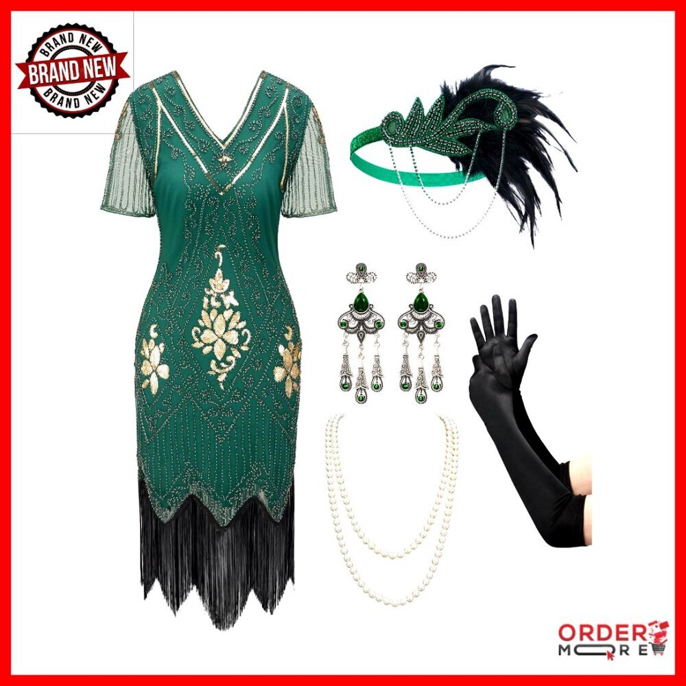 1920s Fringed Sequin Flapper Dress with Accessories Set